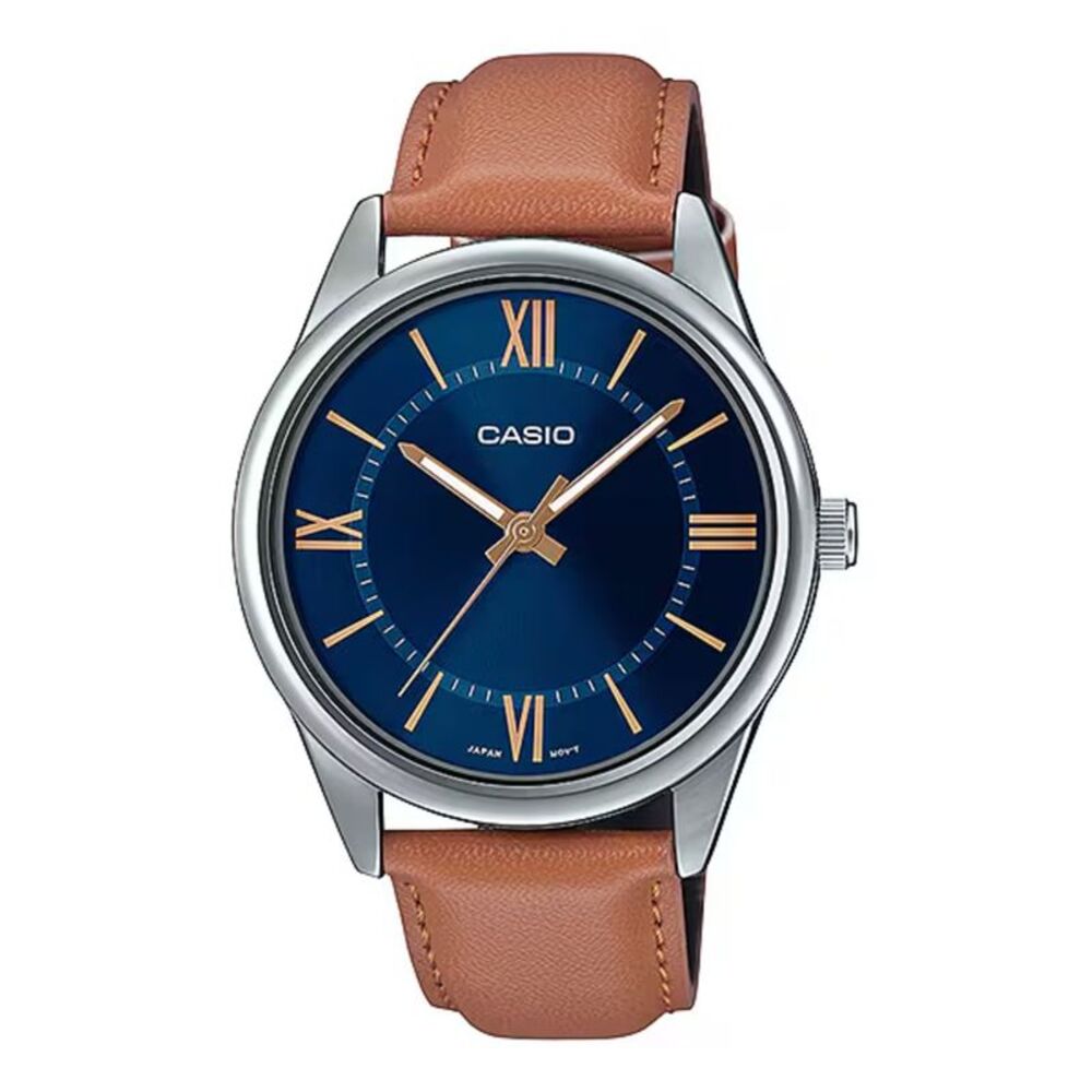 Casio Men’s Brown Leather Watch with Blue Dial - MTP-V005L-2B5UDF